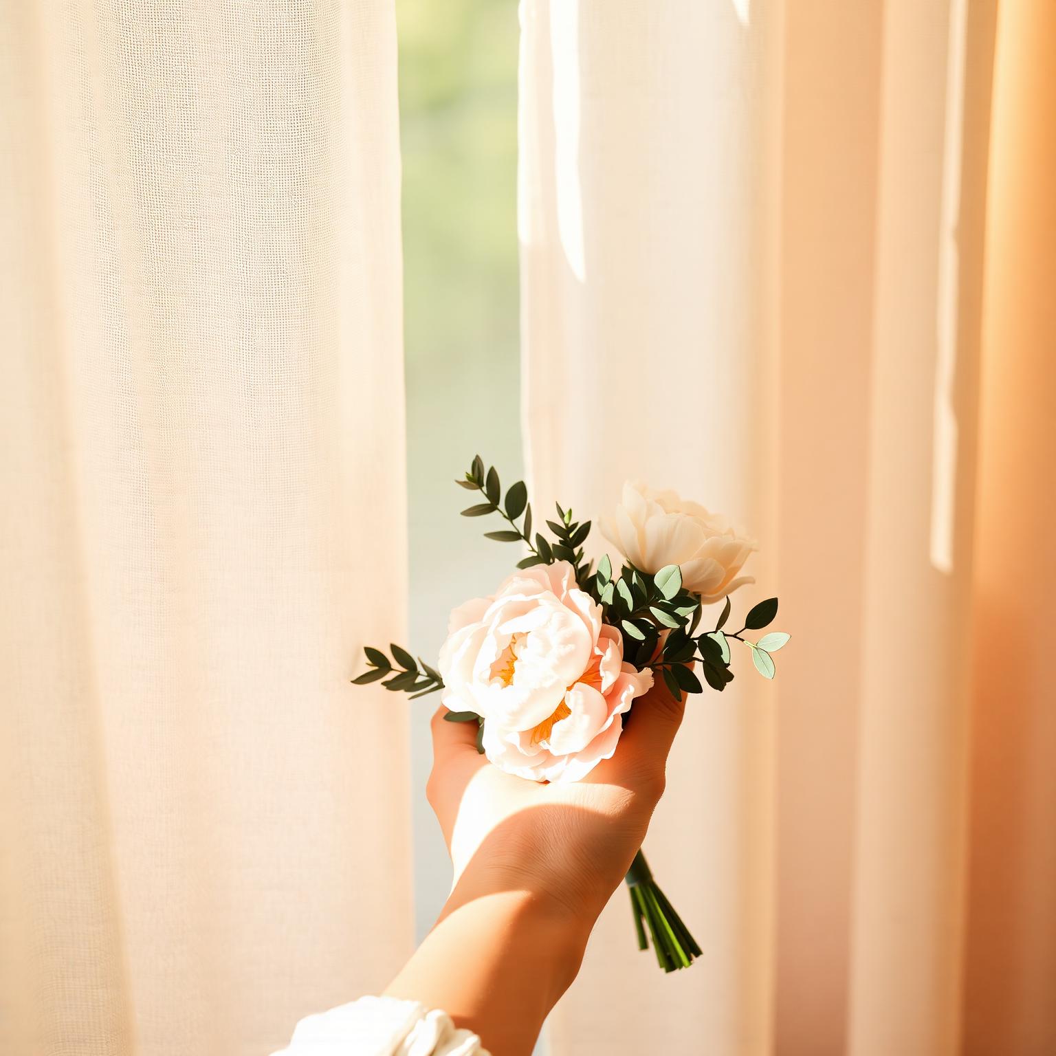 Soft hands holding peonies in morning light